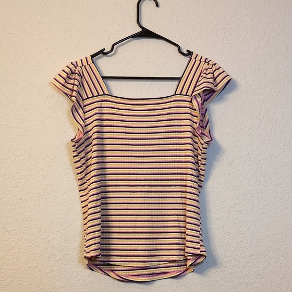 Ana Multi Color Stripe Square Neck Ruffle Sleeve Blouse - Large - Picture 4 of 4